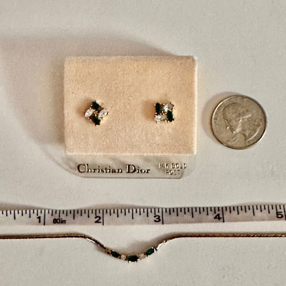 Christian Dior Emerald Green & Clear Chrystal Necklace & Pierced Earrings Set - Picture 6 of 8